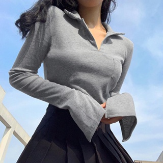 Image of thu nhỏ **Ready Stock** Fashion Korean Style Long Sleeve Solid Color Short Tops For Women Knitted Navel Polo Collar T-shirt #2