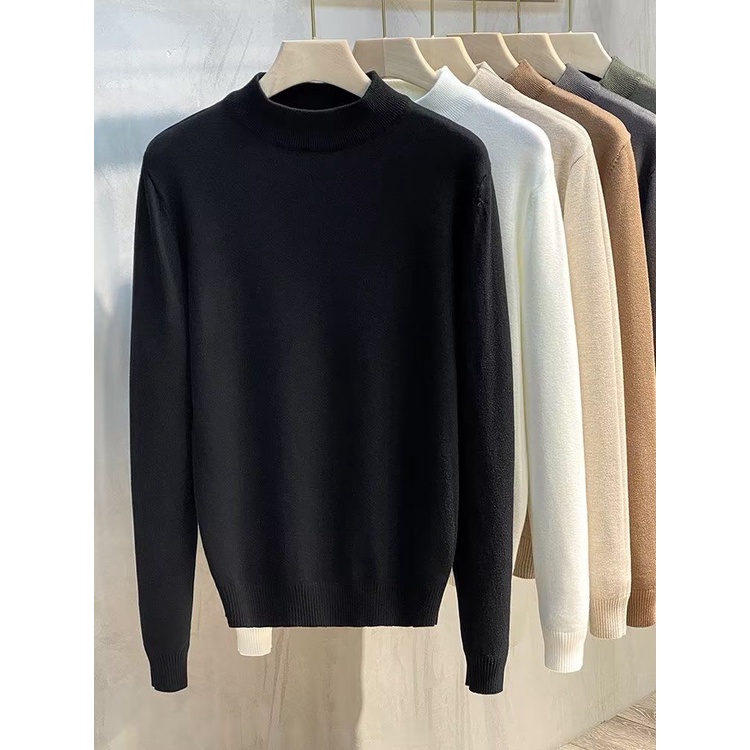 Half Turtleneck Sweater Men Korean Version Trendy Outer Wear Solid Color Knitted Bottoming Shirt Inner Autumn Winter