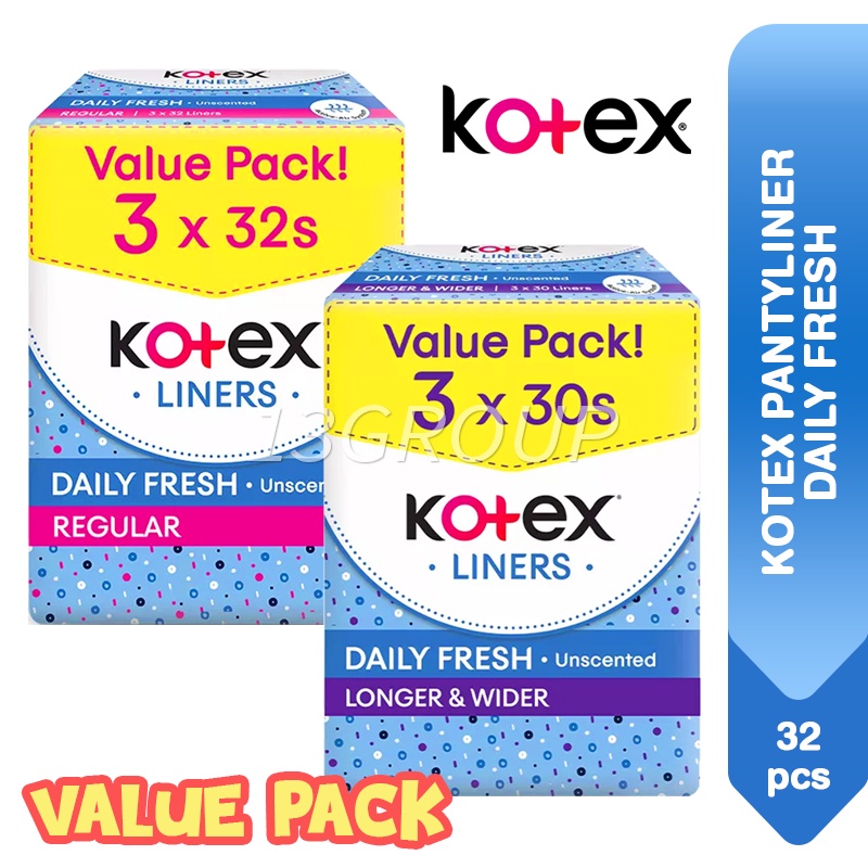 Kotex Daily Fresh Pantyliner Liners Unscented / Longer & Wider, 30s32s