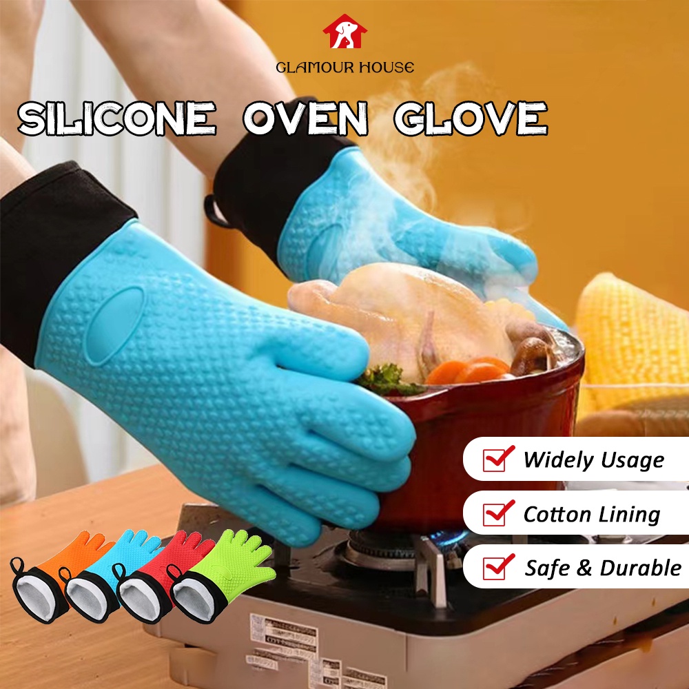 [SG] 2PCS Silicone Heat Resistant Oven Glove/Oven Mitt with Cotton Lining/Long Cuff Waterproof for Cooking/Baking