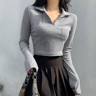 Image of thu nhỏ **Ready Stock** Fashion Korean Style Long Sleeve Solid Color Short Tops For Women Knitted Navel Polo Collar T-shirt #1