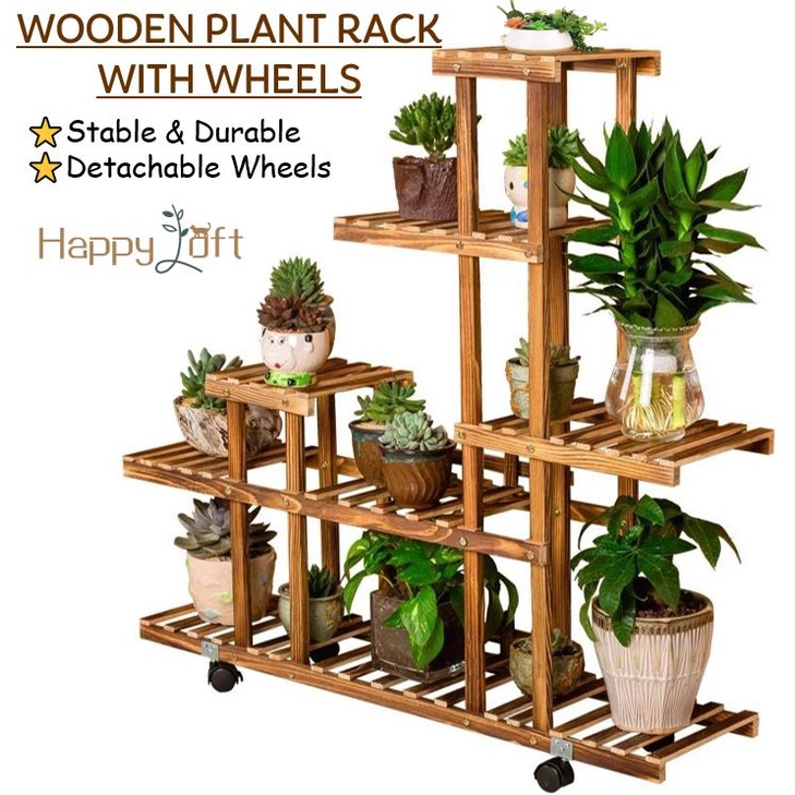 [SG SELLER]Plant Rack With Wheels Wooden Plant Rack Flower Shelf Plants