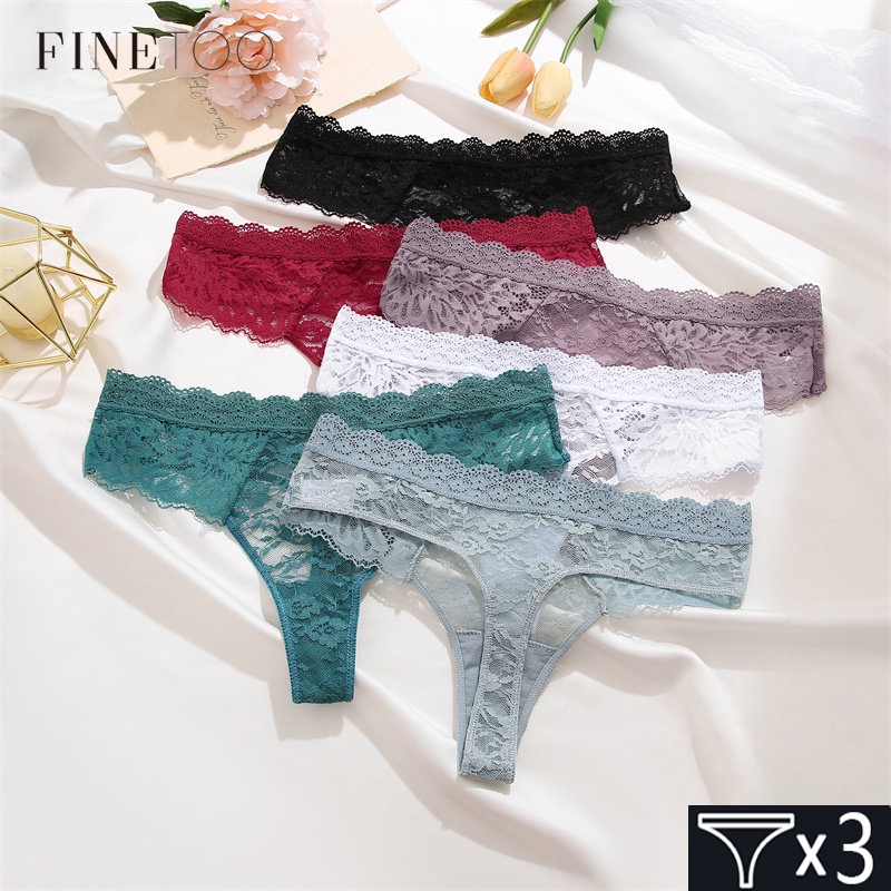 FINETOO 3Pcs/Set Women Lace Floral Low Waist T-Back Thongs Solid Color