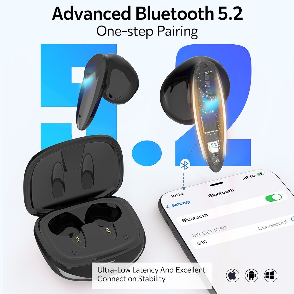 DACOM G10 TWS Bluetooth 5.2 Earbuds Touch Control True Wireless Stereo Headphones Waterproof 20Hours Playtime AAC Type-C