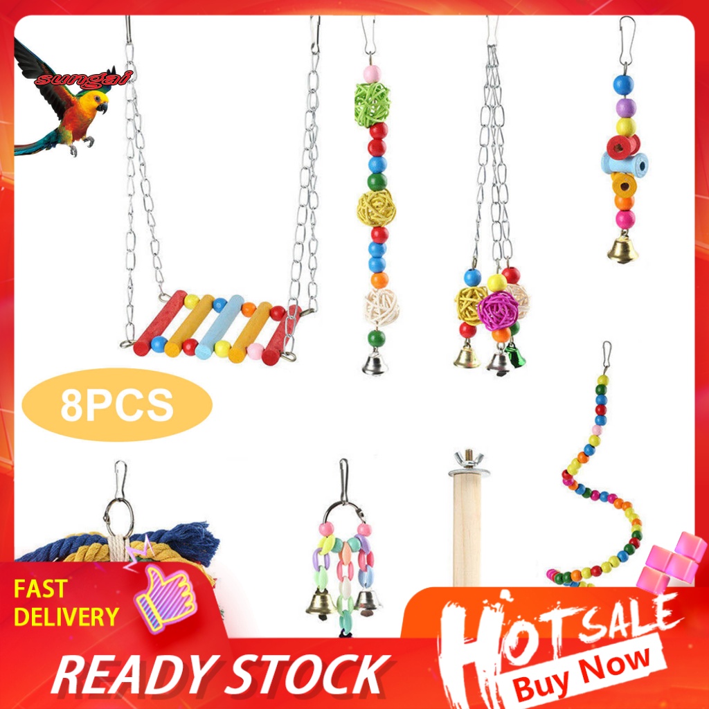 SUN_ 8Pcs/Set Eco-friendly Parrot Chewing Toys Cage Accessories Sepak Takraw Swing Ladder Parrot Toy Multi-color
