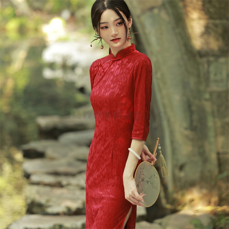 Preferential Price Autumn New Style Red Toast Dress Composite Lace Side Eight Button Cheongsam Banquet Wedding VHWH