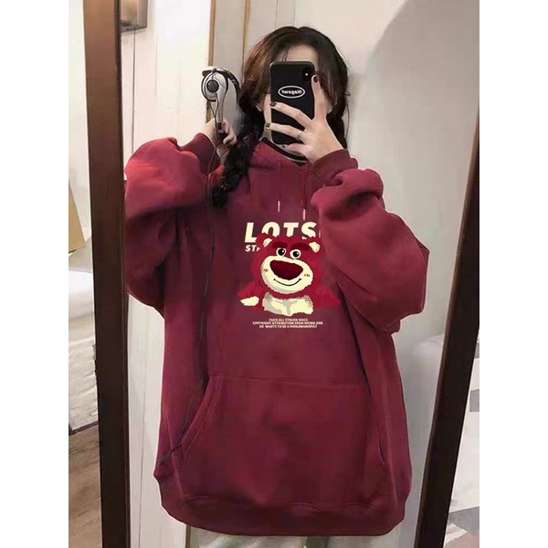 Áo Hoodie Nỉ Bông Unisex Gấu Dâu LOTSO Tay Dài Có Túi Bụng