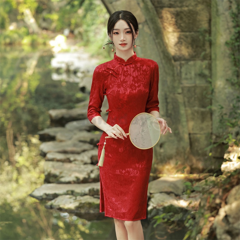 Image of Preferential Price Autumn New Style Red Toast Dress Composite Lace Side Eight Button Cheongsam Banquet Wedding VHWH #2