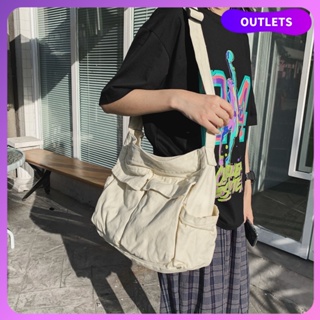 【Ready Stock】Canvas Shoulder Bags for Men/women with Zipper White Korean Style Fashion Messenger Bag Large Capacity Crossbody Bag School Bag