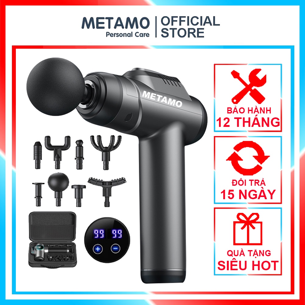 Máy massage cầm tay METAMO 99 cấp độ 8 đầu trị đau nhức toàn thân hiệu quả, súng massage cầm tay kèm 8 đầu mát xa