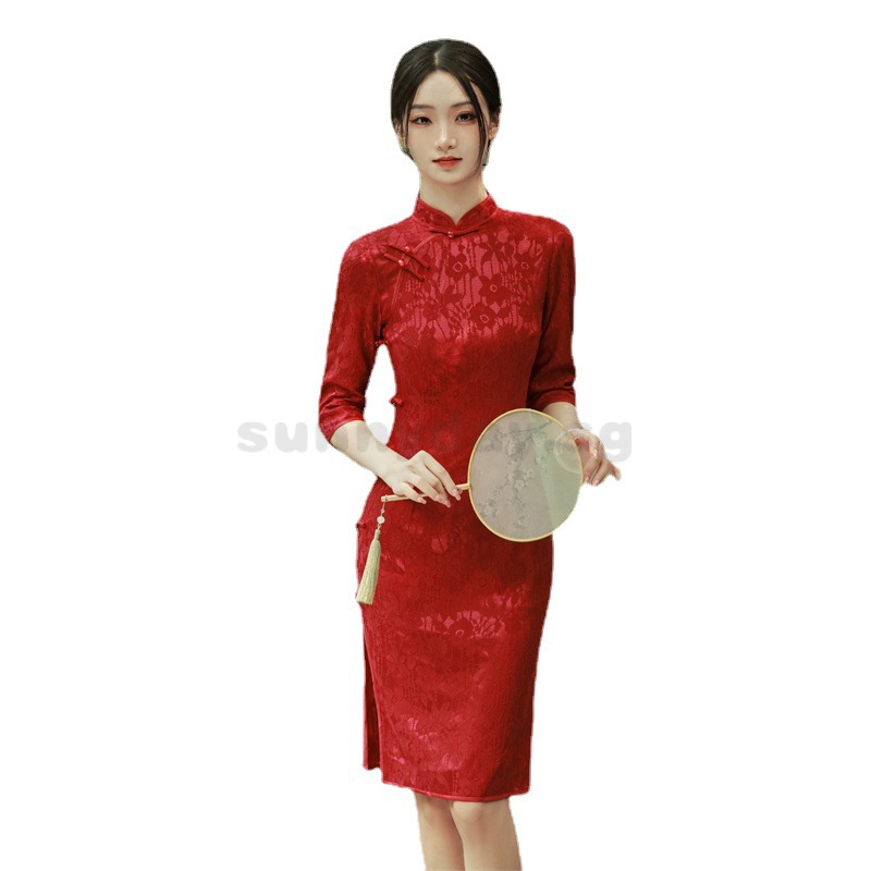 Image of Preferential Price Autumn New Style Red Toast Dress Composite Lace Side Eight Button Cheongsam Banquet Wedding VHWH #5