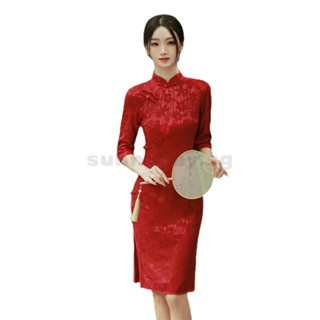 Image of thu nhỏ Preferential Price Autumn New Style Red Toast Dress Composite Lace Side Eight Button Cheongsam Banquet Wedding VHWH #5