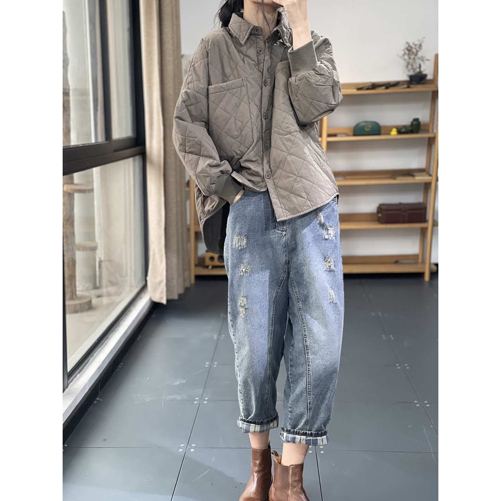 Image of 2022 Autumn Winter New Style Lapel Solid Color Pressed Cotton Loose Long-Sleeved Thickened Quilted Coat Women's #7