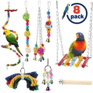 SUN_ 8Pcs/Set Eco-friendly Parrot Chewing Toys Cage Accessories Sepak Takraw Swing Ladder Parrot Toy Multi-color #6