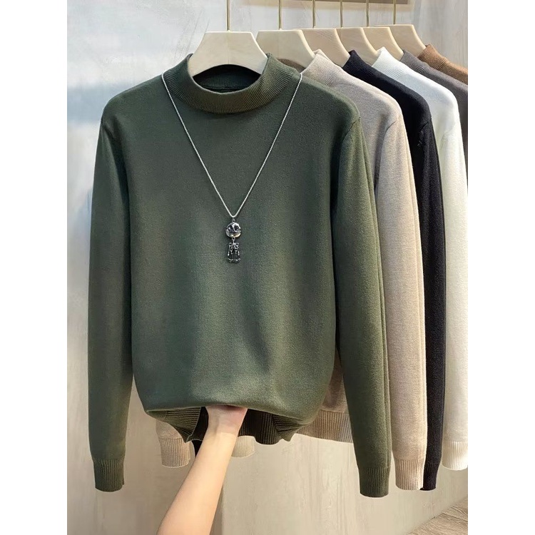 Half Turtleneck Sweater Men Korean Version Trendy Outer Wear Solid Color Knitted Bottoming Shirt Inner Autumn Winter
