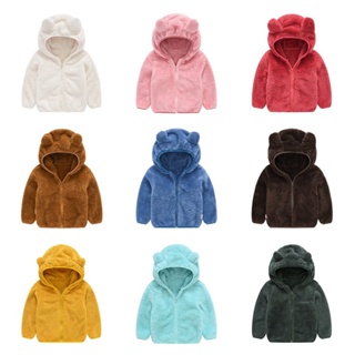 Baby Kids Hooded Plush Jacket with Bear Ears Hood Cute Furry Short Coat Child's Hoodie Outwear Warm Lined Zipper-up for Winter Home Solid Color