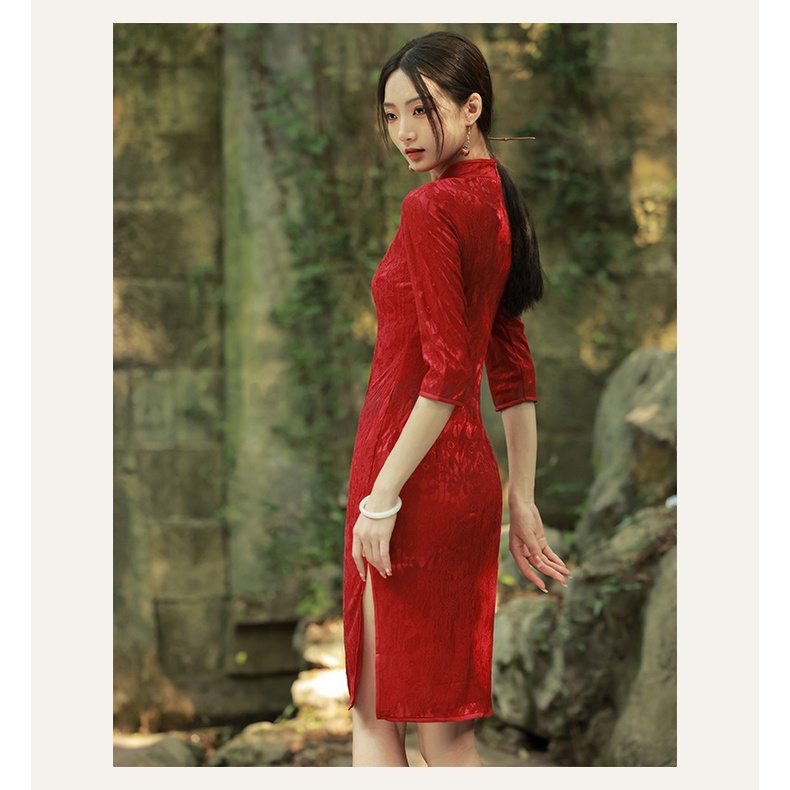 Image of Preferential Price Autumn New Style Red Toast Dress Composite Lace Side Eight Button Cheongsam Banquet Wedding VHWH #8