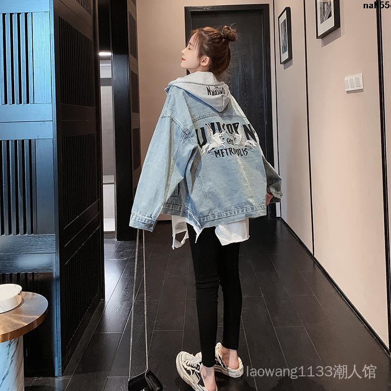 Image of New Style Autumn 2020 Loose Jacket Trendy Mid-Length Korean Women Hooded Denim Embroidery bf Versatile Top Clothes Wide = #7
