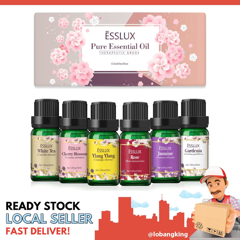 sgstock] Floral Essential Oils Set, Esslux Pure Aromatherapy Diffuser Oils,  Rose, Ylang Ylang, Jasmine, Cherry Blossom, Shopee Singapore