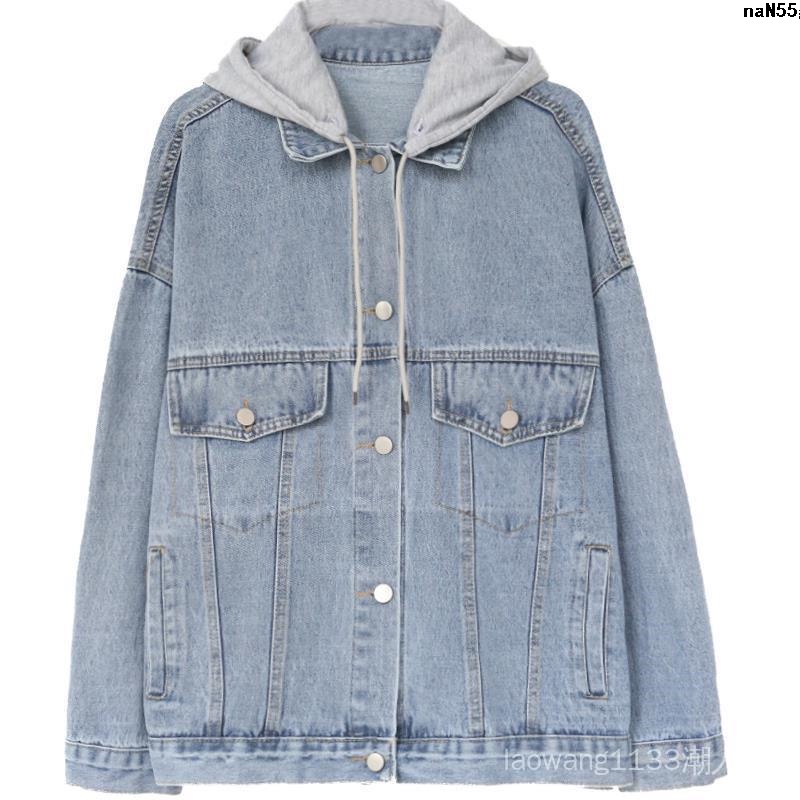 Image of New Style Autumn 2020 Loose Jacket Trendy Mid-Length Korean Women Hooded Denim Embroidery bf Versatile Top Clothes Wide = #8
