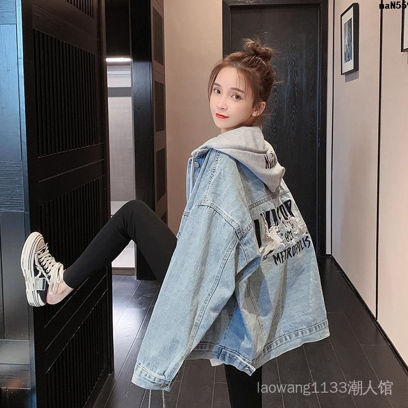 Image of New Style Autumn 2020 Loose Jacket Trendy Mid-Length Korean Women Hooded Denim Embroidery bf Versatile Top Clothes Wide = #0
