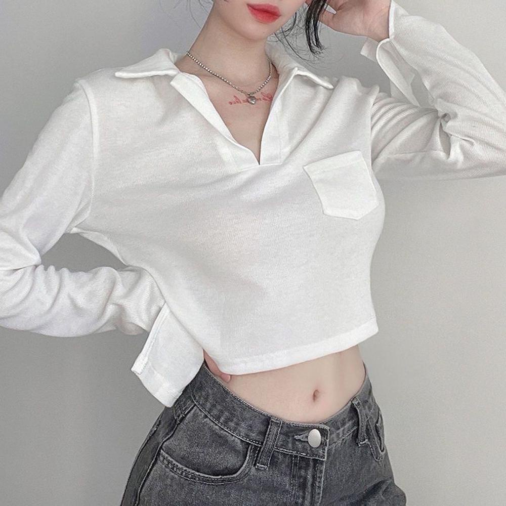 **Ready Stock** Fashion Korean Style Long Sleeve Solid Color Short Tops For Women Knitted Navel Polo Collar T-shirt
