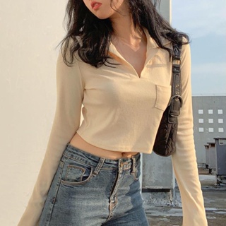 Image of thu nhỏ **Ready Stock** Fashion Korean Style Long Sleeve Solid Color Short Tops For Women Knitted Navel Polo Collar T-shirt #5