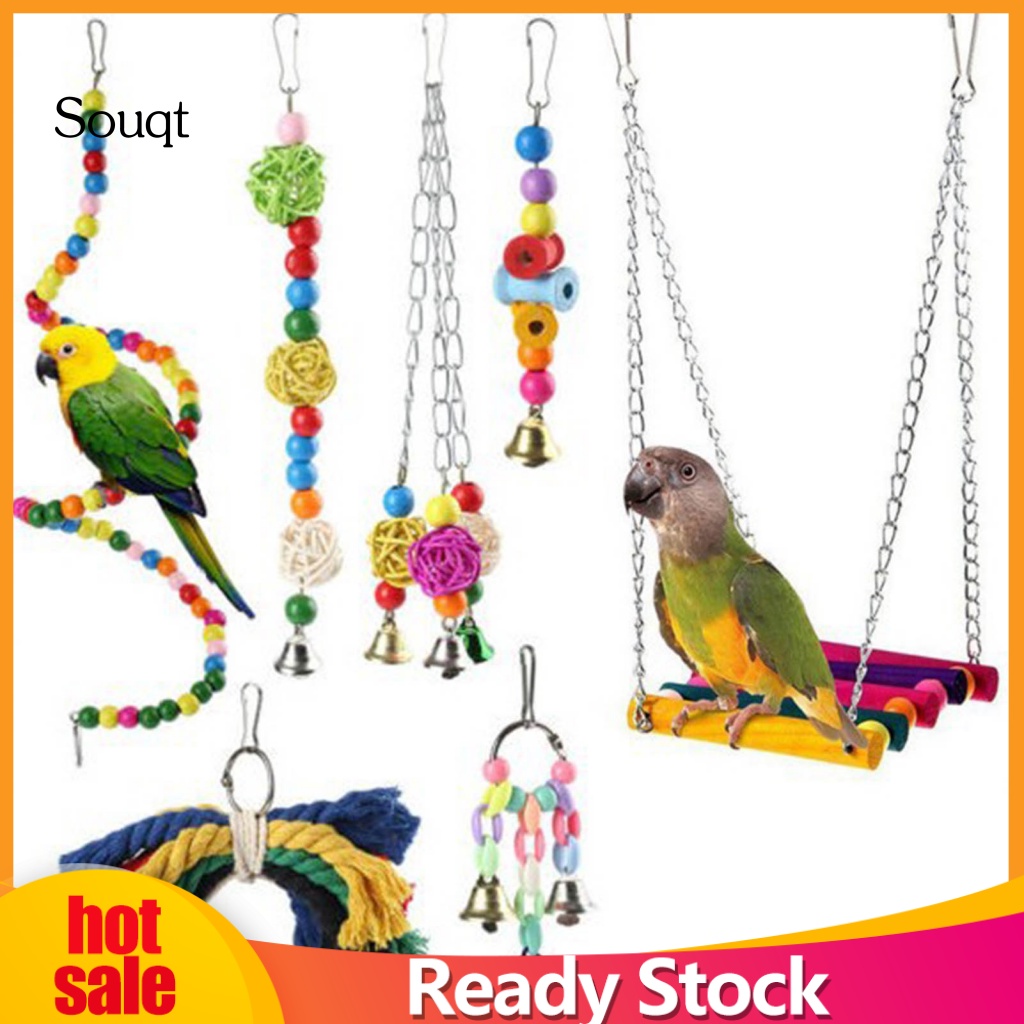 Souqt 8Pcs/Set Easy-hanging Parrot Cage Toys for Indoor Fun Swing Sepak Takraw Pet Parrot Toy Portable