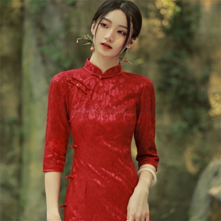 Image of thu nhỏ Preferential Price Autumn New Style Red Toast Dress Composite Lace Side Eight Button Cheongsam Banquet Wedding VHWH #0
