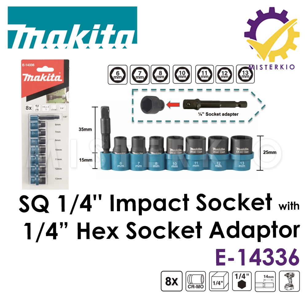 Makita E14336, 1/4" SQ Dr Impact Socket with 1/4" Hex Socket Adaptor