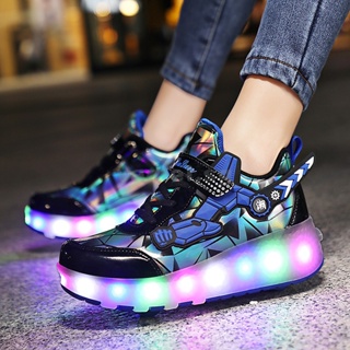 Unisex Kids LED Light Up Flashing Skating Shoes Invisible Automatic Pulley Shoes with Double Wheels Boy Girl Charging Roller Skate Luminous Shoes 