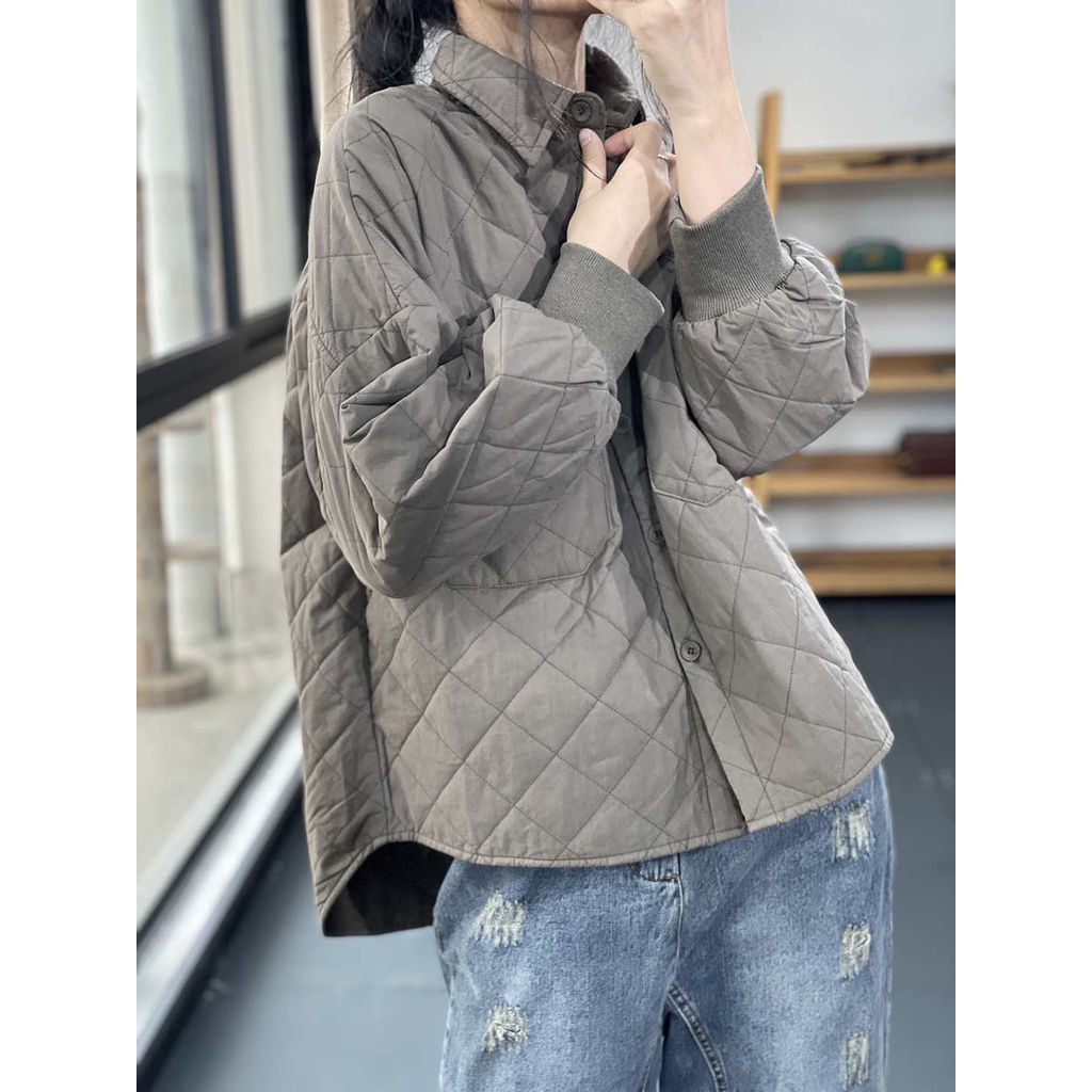 Image of 2022 Autumn Winter New Style Lapel Solid Color Pressed Cotton Loose Long-Sleeved Thickened Quilted Coat Women's #8