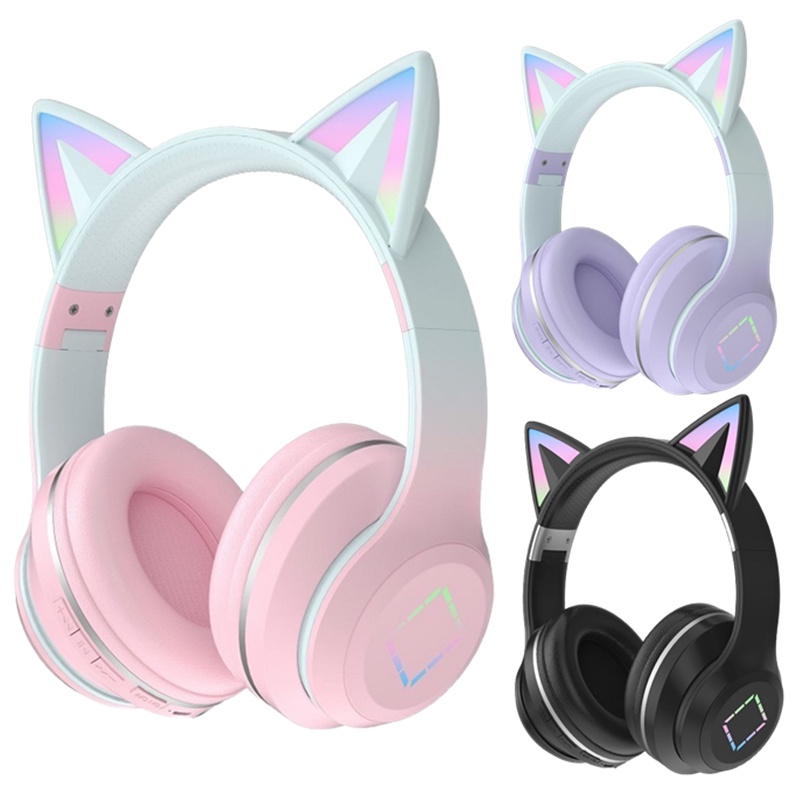 Pink Cat Ear Wireless Bluetooth Noise Cancelling Gaming Headphones HiFi