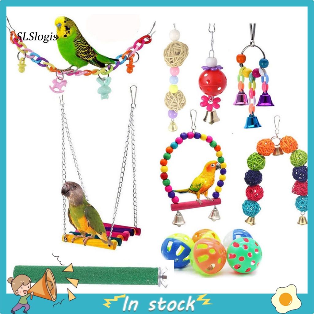 SLS_ 13Pcs/Set Healthy Cockatiel Toys Kit Bird Supplies Pet Parrot Hanging Sepak Takraw Bells Perch Stand Toy Convenient