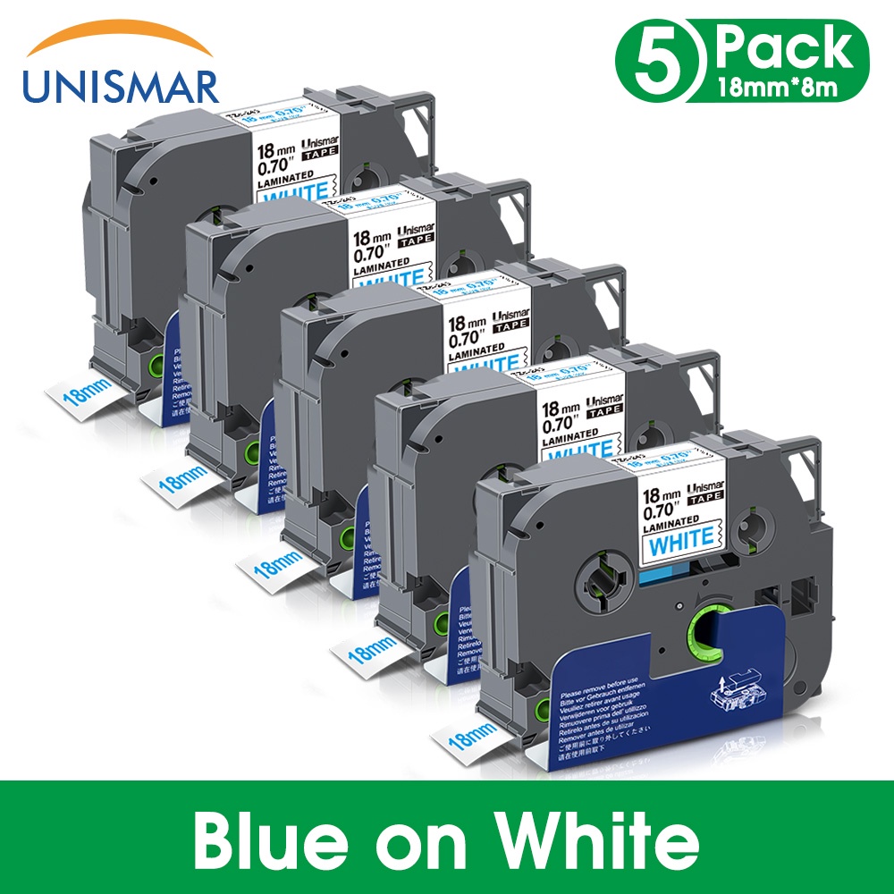 5PK Blue on White TZe 18mm Label Tape Compatible for Brother Ptouch