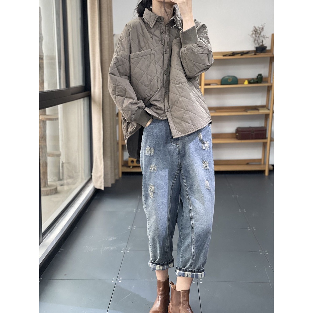 2022 Autumn Winter New Style Lapel Solid Color Pressed Cotton Loose Long-Sleeved Thickened Quilted Coat Women's
