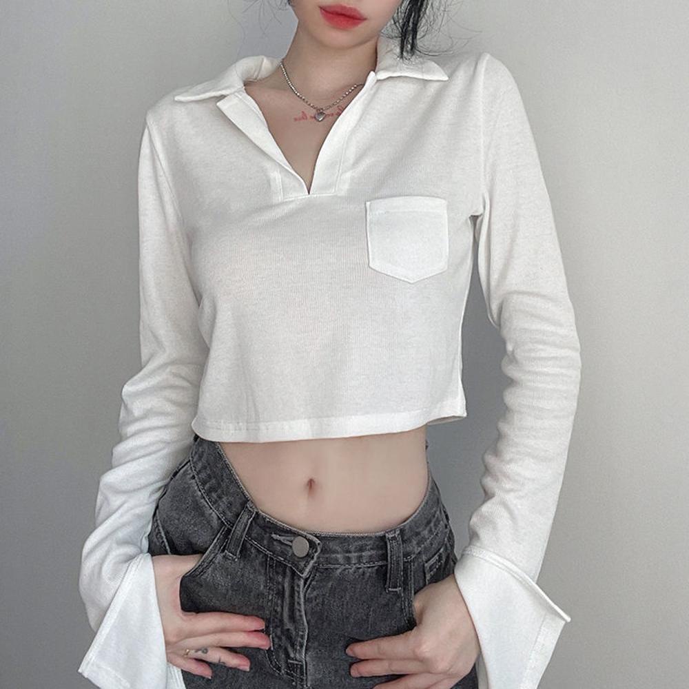 **Ready Stock** Fashion Korean Style Long Sleeve Solid Color Short Tops For Women Knitted Navel Polo Collar T-shirt