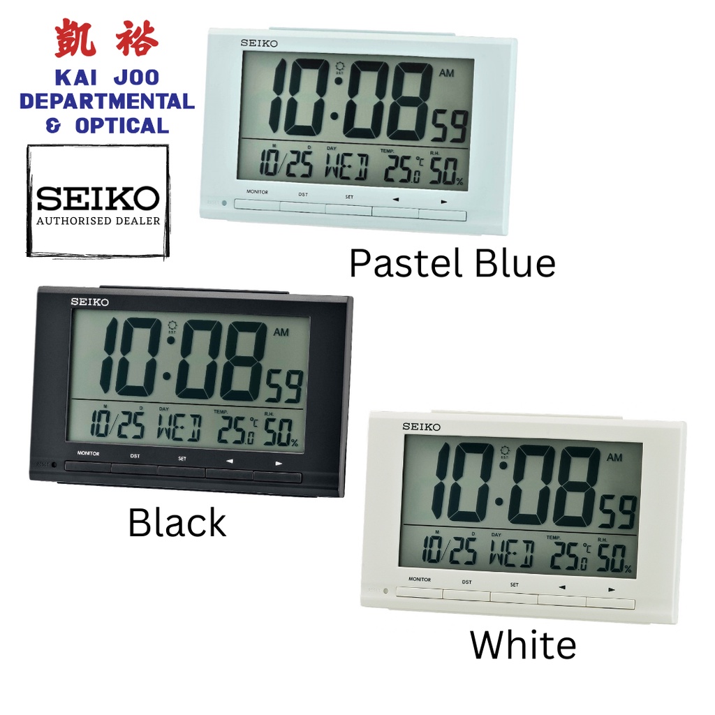 Seiko Pastel Blue, Black and White Digital Alarm Clock with Day, Date