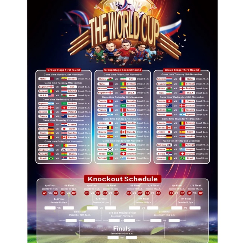Qatar 2022 World Soccer Game Wall Chart Schedule Poster 2022 Match