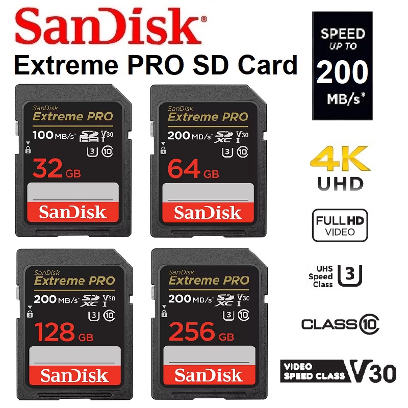 SanDisk Extreme PRO SD Card 32GB 64GB 128GB 256GB UHS-I 200mb/s U3 V30 ...