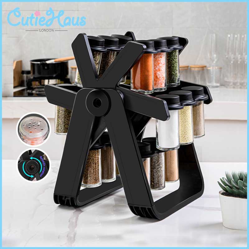 Cutie 18-In-1 Ferris Wheel Rotatable Bottle Glass Seasoning Rack Set Spice Jar Glass Bottle Tower Rack Organizer Storage Kitchen Organiser Spice Rack