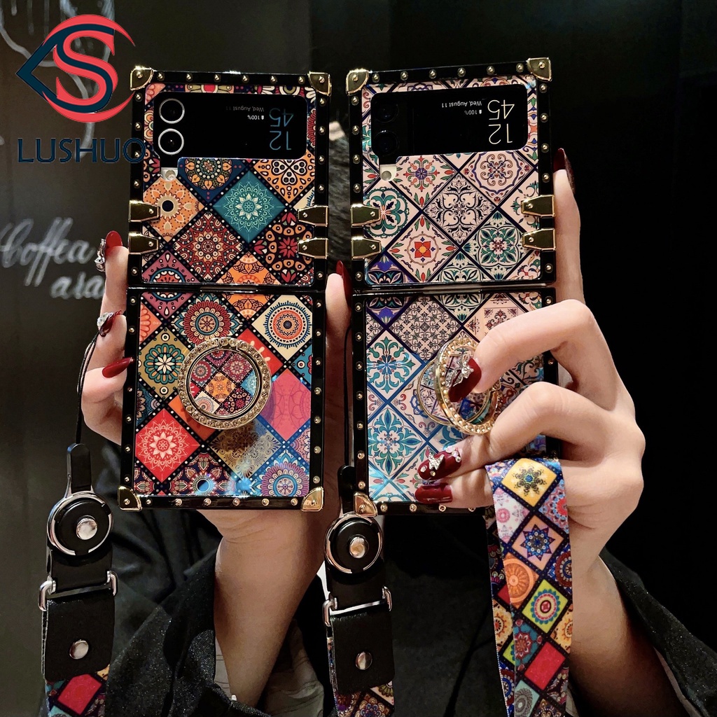 Square Flower Geometric Leather Cases For Samsung Galaxy Z Flip 4