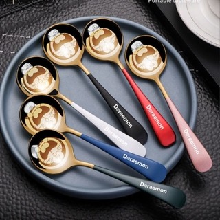 16CM Stainless Steel Cartoon Doraemon Spoon Long Handle Spoon Creative Ins Korean Thickened Spoon Cute Cartoon Spoon Dessert Meal Spoon Kitchen Utensil Gold Kitchen Accessories