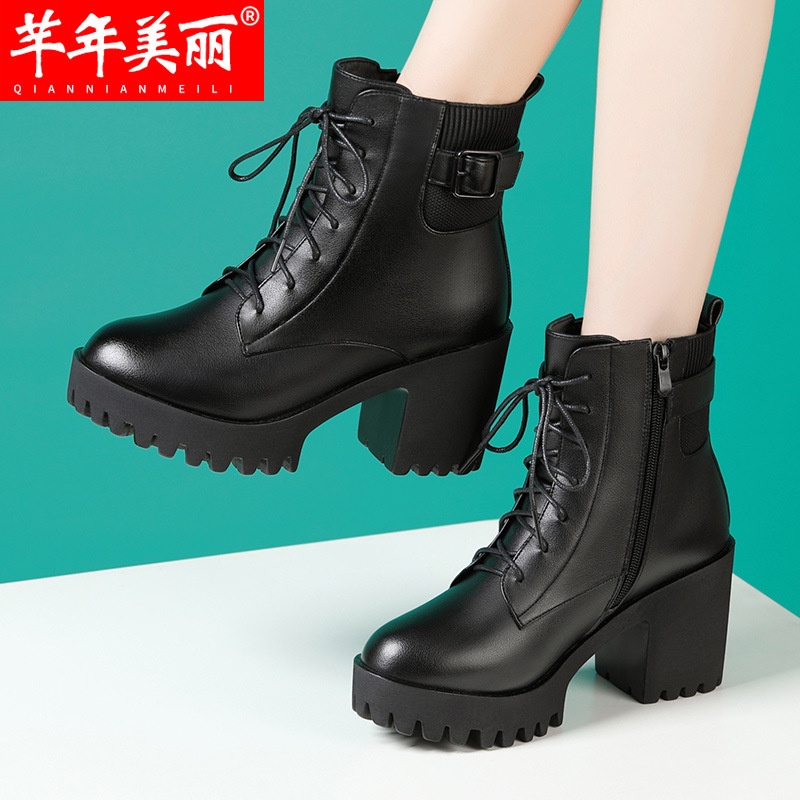 [Qiannian Beautiful Women's Shoes 2] High-Heeled Martin Boots Women 2021 Autumn Winter New Style Round Toe Lace-Up Fleece-Lining Mid-Tube Waterproof Platform Thick-So