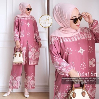 Yumi Rayon Suit Set Long Tunic LD 120 Batik Motif Cap Print Soft Color Cotton Rayon Suit Women Sogan