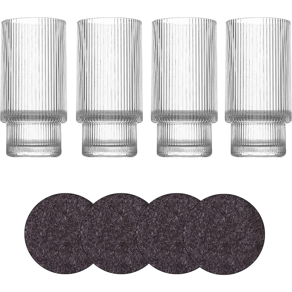 Ribbed Glassware Set Of 4,Ribbed Drinking Glasses 11oz,Ribbed Glasses