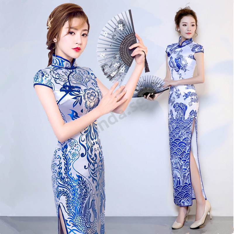 Blue White Porcelain Cheongsam Female New Style Catwalk Performance Long SlimFit Chinese Host