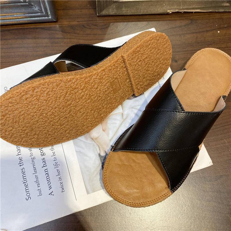 Image of Super soft for summer! Cowhide cross flat slippers women sandals women flat slippers #7