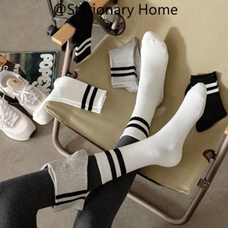 Black White Gray Striped Medium Tube Socks Korean Fashion Socks Women Cotton Sports Socks Long Socks High Socks