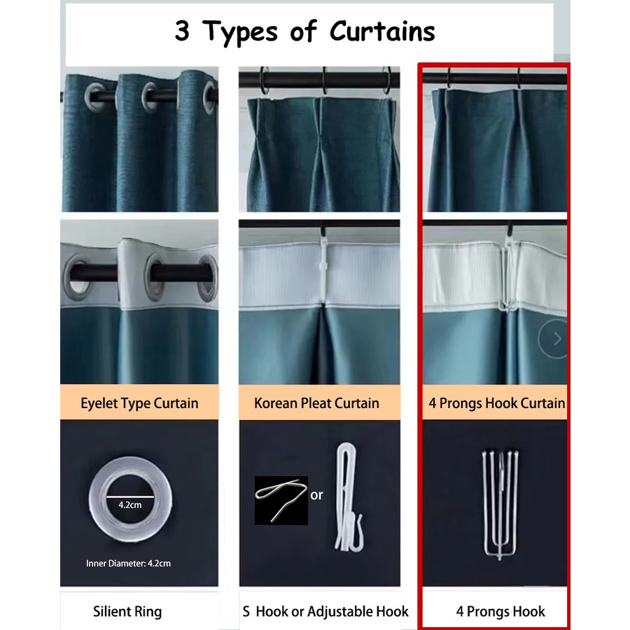 Art Living SG Stcok 1 PC 4 Prong Hook Type Curtain Blackout Curtain ...